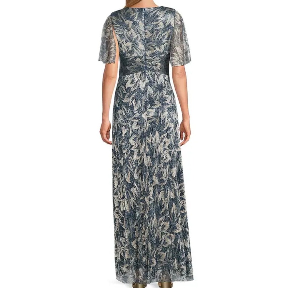 NWT R&M Richards Blue Gold Leaf Metallic Pleated Flutter Sleeve Dress Gown Sz 6 - Picture 2 of 14